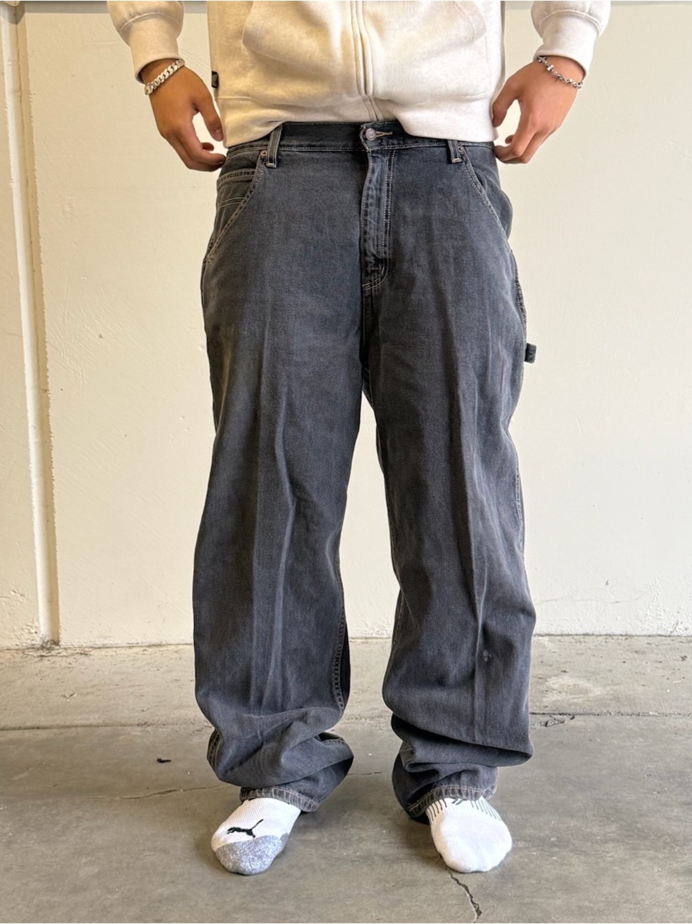 2000’s Y2k Baggy Straight Savile Row Mud Black Carpenter Cotton Jeans 36x34